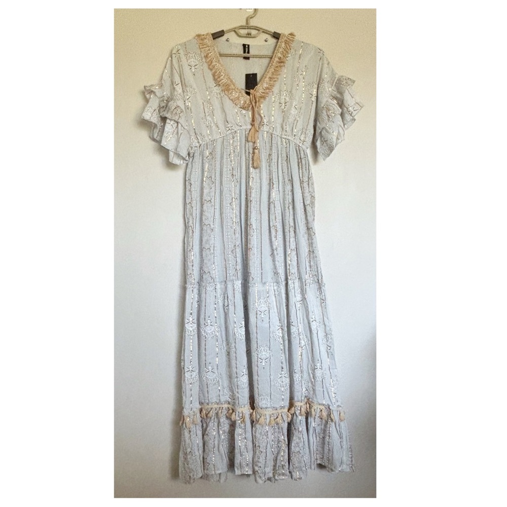 ME 2 Magic Gray Tiered Boho Maxi Dress Size Large NEW Tassels Ruffle Sleeves